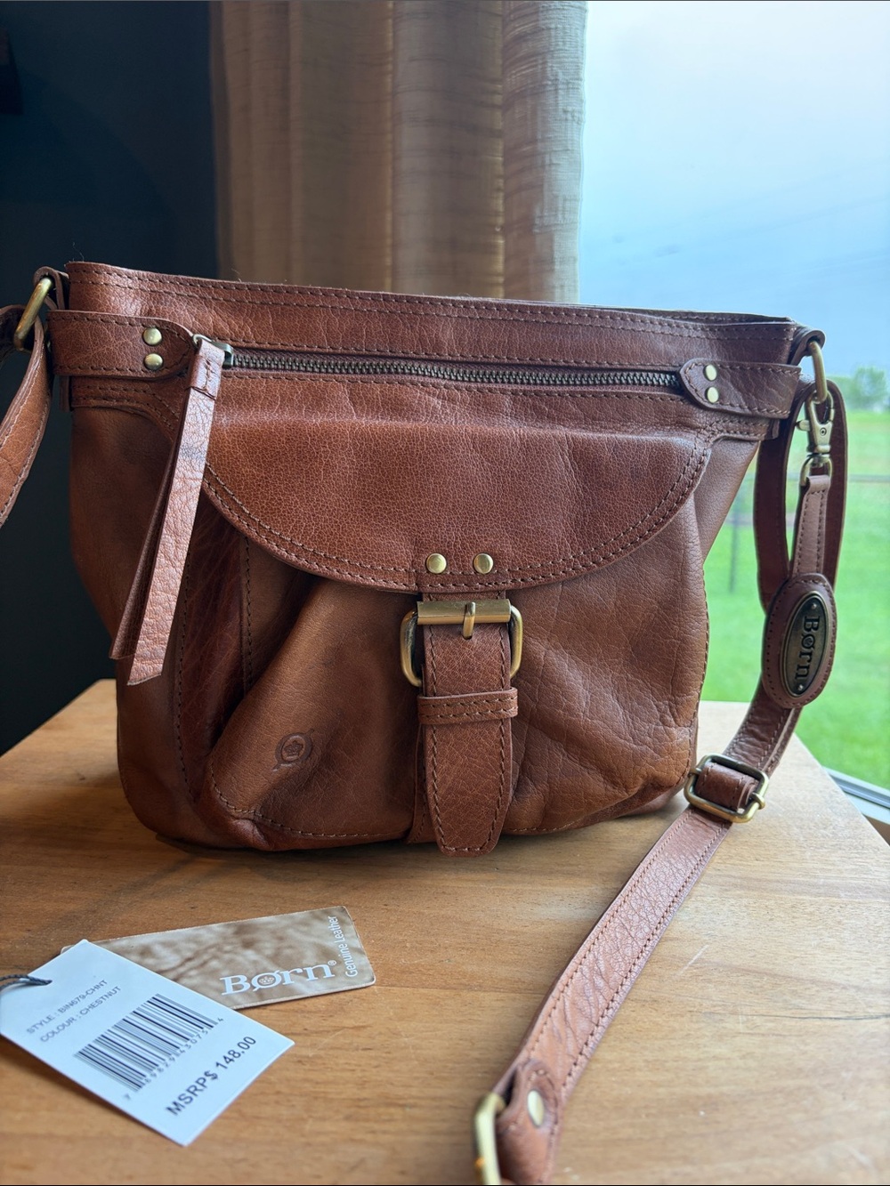 Born Brown Leather Crossbody Bag with Brass Hardware NWT